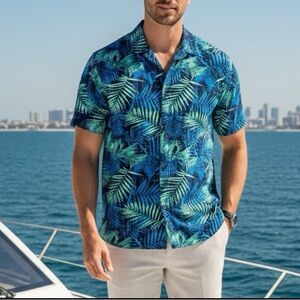 Cubavera Tropical Blue Leaf Print Men's Shirt XLARGE textured NEW